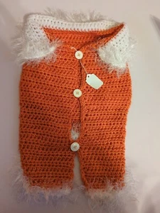 Dog Sweater Hand Made Knit Crochet White Orange Fluffy Pet Fashion Glam Size M/L - Picture 1 of 6