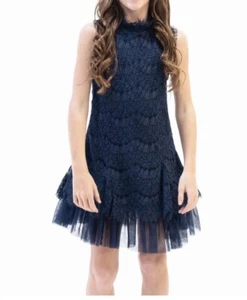 Navy Blue Lace High Neck Girls Rare Editions formal dress size 10 Orig $74 - Picture 1 of 10
