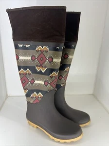 Mukluks Womens Rain Boots Brown Rubber Geometric Waterproof Mid Calf Slip On 7 - Picture 1 of 4