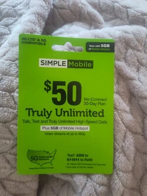 SIMPLE MOBILE REFILL $50 brand new never used. Purchased by accident. - Image 1 of 2