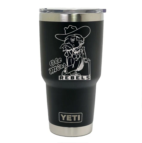 OLE MISS REBELS YETI Laser Engraved 20 or 30 oz. Black Stainless Steel Tumbler Cover