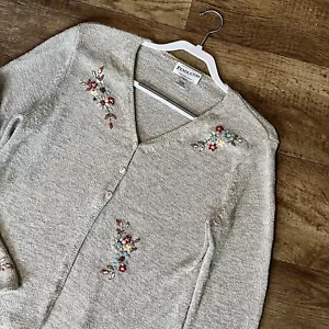 Vintage Pendleton Linen Blend Cardigan Women Size M-Embroidered Floral Beige - Picture 1 of 20