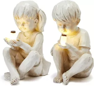 Garden Children Statues 1 Pair Jar Solar Powered Indoor Outdoor Ornament Gift - Picture 1 of 8