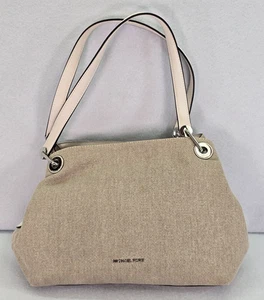 Michael Kors Schultertasche Rabe Stoff Doppelriemen beige weißer Besatz - Bild 1 von 17