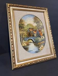 Vintage P. Klaus Oil Painting Bridge Cottage Scene 16x14 Gold Frame Gallerywall - Picture 1 of 7