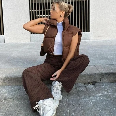 Chaleco corto acolchado de plumón para mujer — Prendas exteriores recortadas con cremallera sin mangas Foto 1 de 4