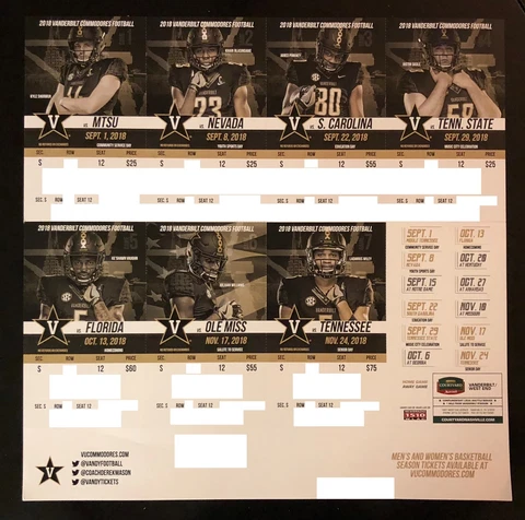 2018 Vanderbilt Commodores Football Collectible Ticket Stub - Any Home Game Cover