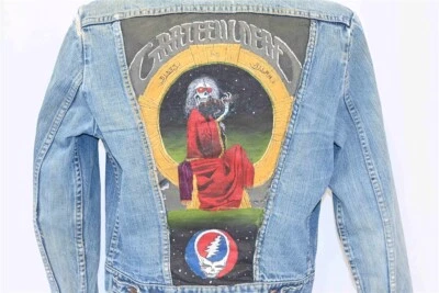 vtg 80s GRATEFUL DEAD HAND PAINTED BLUES FOR ALLAH WRANGLER DENIM JEAN JACKET S - Image 1 of 4
