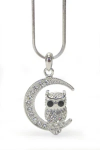 Crystal Eye Owl and Moon Pendant Necklace White Gold - Picture 1 of 6
