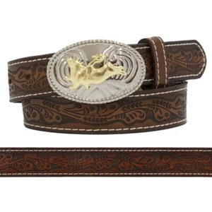 Nocona Tooled Genuine Leather Belt Boys Size 18 Western Bull Rider Buckle Brown - Picture 1 of 10