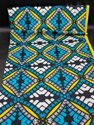 6 Yard Lot African Teal Black Diamond Square Pattern Cotton Durable Soft Hand - Image 1 of 4