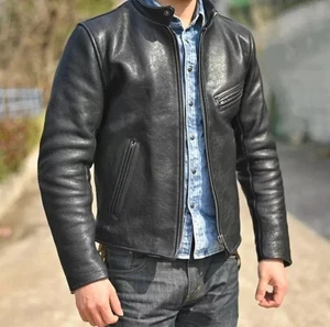 Men's Real Cowhide Premium Leather Motorcycle Biker Top Leather Jacket Black - Picture 1 of 5
