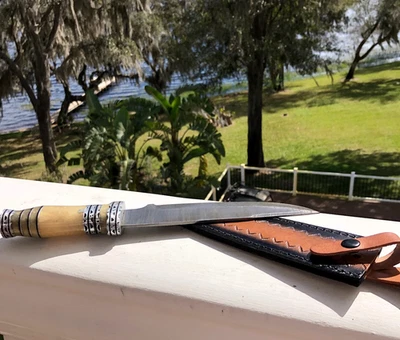 Bowie Knife Handmade Damascus steel blade Carbon Resin Handle & leather sheath - Image 1 of 4