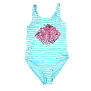 Sweet Pineapple Girls Bathing Suit Size 7 Blue, Sequin Shell Bodice, Stripes - Picture 1 of 4