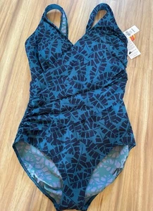 L.L. Bean NEW Blue Palm Print One-Piece Swimsuit Lycra Size 16 UPF 50+ - Picture 1 of 6