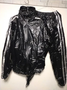Black PVC plastic tracksuit saunasuit rainwear front zip jacket pants set - Picture 1 of 18