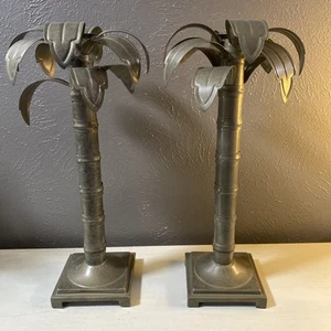 Vintage Privet House Palms Away Galvanized Key West Palm Tree Candle Holders - Picture 1 of 6
