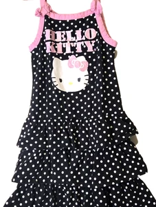 Hello Kitty Sundress Girls Sz M (7-8) Pink/Blk Polka Dot Bow Ruffle Tiered Dress - Picture 1 of 10