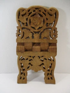 Vtg Hand Carved Wood Folding Cookbook Holder Bible Book Display Stand 14.5" x 8" - Imagen 1 de 18