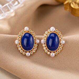 Pure S925 Sterling Silver Stud Women Natural Pearl Lapis Lazuli Oval Earrings