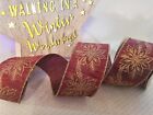 Christmas POINSETTIA Gold on Burgundy Red sateen - Luxury Wire Edge Ribbon 63mm