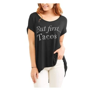 Attitude Women's Black Short Sleeve V-Neck Relaxed Fit Side Slit T-Shirt Size M - Picture 1 of 2