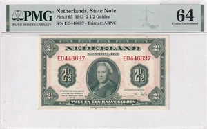Netherlands P.65 2½ Gulden 1943 * Queen Wilhelmina PMG 64 Choice UNC - Picture 1 of 2