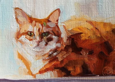 Cat# 209 Original ACEO Oil Painting, "Zen Kitty"  ATC by Lee Ellen Smith - Image 1 of 2