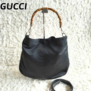 GUCCI Vintage Bamboo Leather Canvas 2-Way Tote Shoulder Bag Black - Picture 1 of 24