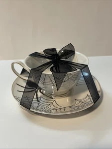 PARK CHATEAU Spider & Web Teacup And Saucer Set White & Black Silver Trim New - Picture 1 of 5