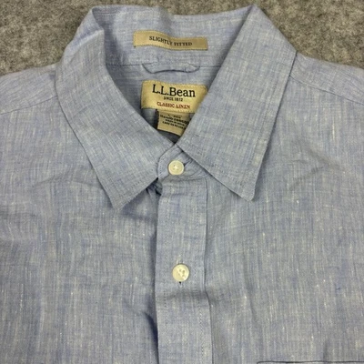 LL Bean Slightly Fitted Classic Linen Button Up Shirt Men’s Large Blue Chambray - Image 1 of 4