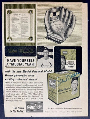 STAN MUSIAL SIGNED RAWLINGS GLOVE MAGAZINE AD St Louis Cardinals MVP WS HOF Auto - Image 1 of 3