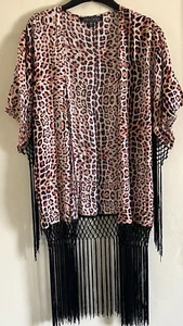 Girls on Film Animal Leopard Print Fringed Open Kimono Blouse Cover Up UK 10 - Picture 1 of 8