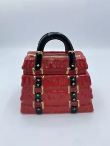 DAVID'S COOKIES CANDY CERAMIC JAR RED PLEATED HANDBAG BLACK HANDLE GOLD ACCENTS - Picture 1 of 4