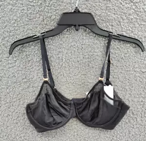 Le Mystere Satin & Mesh Unlined Bra Women's 32C Black Semi Sheer Hook & Eye - Picture 1 of 14