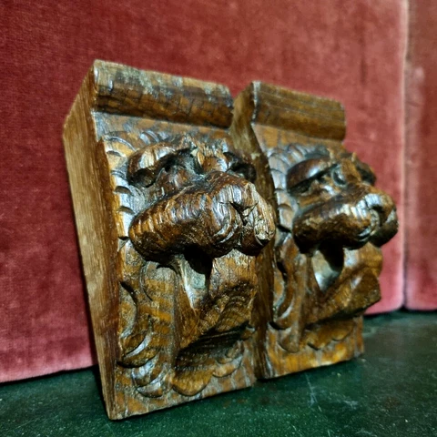 2 Lion wood carving corbel bracket 5 in - Antique French architectural salvage Cover