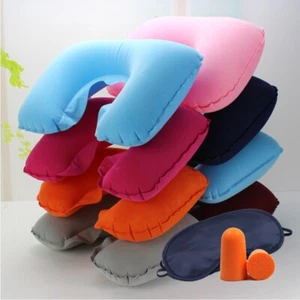 INFLATABLE TRAVEL NECK PILLOW FLIGHT REST SLEEP SUPPORT BLOW-UP CUSHION CAMPING - Picture 1 of 6