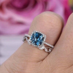 3Ct Blue Cushion Cut Lab Created Solitaire Engagement Ring 14k White Gold Plated - Picture 1 of 5