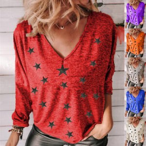 Women Star Printed Tee V-Neck Long Sleeve Pullover Jumpers Loose Fit T-Shirt Top