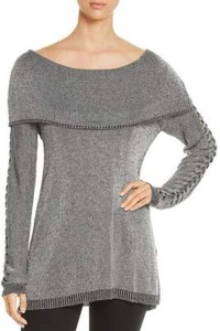 New $288 Heather B Womens Gray Black Lattice-Knit Sleeve Pullover Sweater Size L - Picture 1 of 2