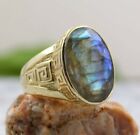 Natural Labradorite Gemstone With Gold Plated 925 Sterling Silver Mens Ring #959