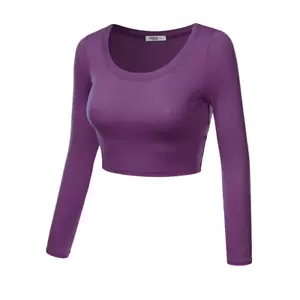Women's Long Sleeve Very Soft Purple Cropped T-Shirt By Doublju AWTSTL0249 Sz. L - Picture 1 of 5