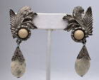 Vintage "Kate Hines" Large Faux Stone Pewter Tone Floral Clip Dangle Earrings