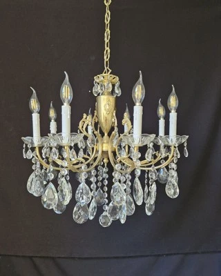  Vintage French Chandelier Brass & Crystals Ceiling Light 8 Arms Ø 22"in - Image 1 of 4