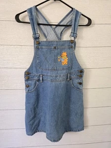 Vtg Disney Winnie the Pooh Overall Dress Sz Med Embroidered Denim Y2K - Picture 1 of 13