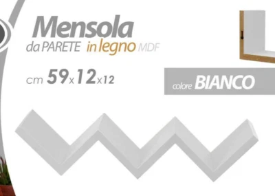 MENSOLA ZIG ZAG PARETE SCALA SCALETTA BIANCA LEGNO CON KIT MONTAGGIO 59*12*12 CM - Immagine 1 di 4