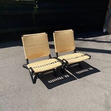 1960's Midcentury Modern Danish Black Lacquer Cane Pair of Folding Lounge Chairs