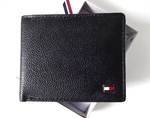 Brand New 'TOMMY HILFIGER' Men's Leather Wallet Metal Logo,CC, Coin Pouch, BLACK