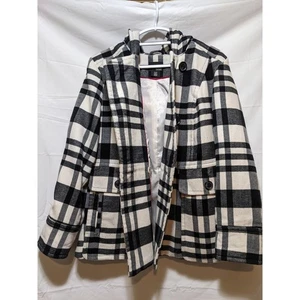 a.n.a Plaid Wool Blend Hooded Pea Coat Jacket Black White 1X - Picture 1 of 3