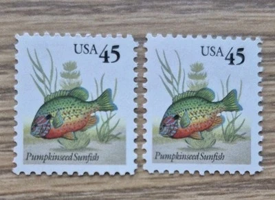 USPS Scott #2481 PUMKINSEED SUNFISH 2 single 45 cent stamps  MINT OGNH 1992 - Image 1 of 2